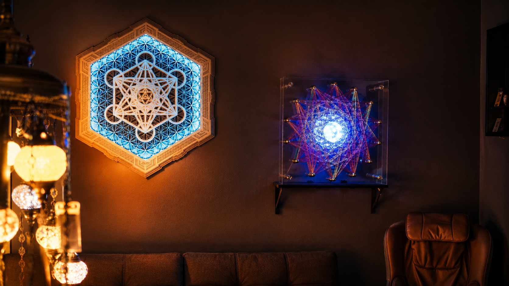 Sacred artwork and illuminated Translighter in the Quantum Room